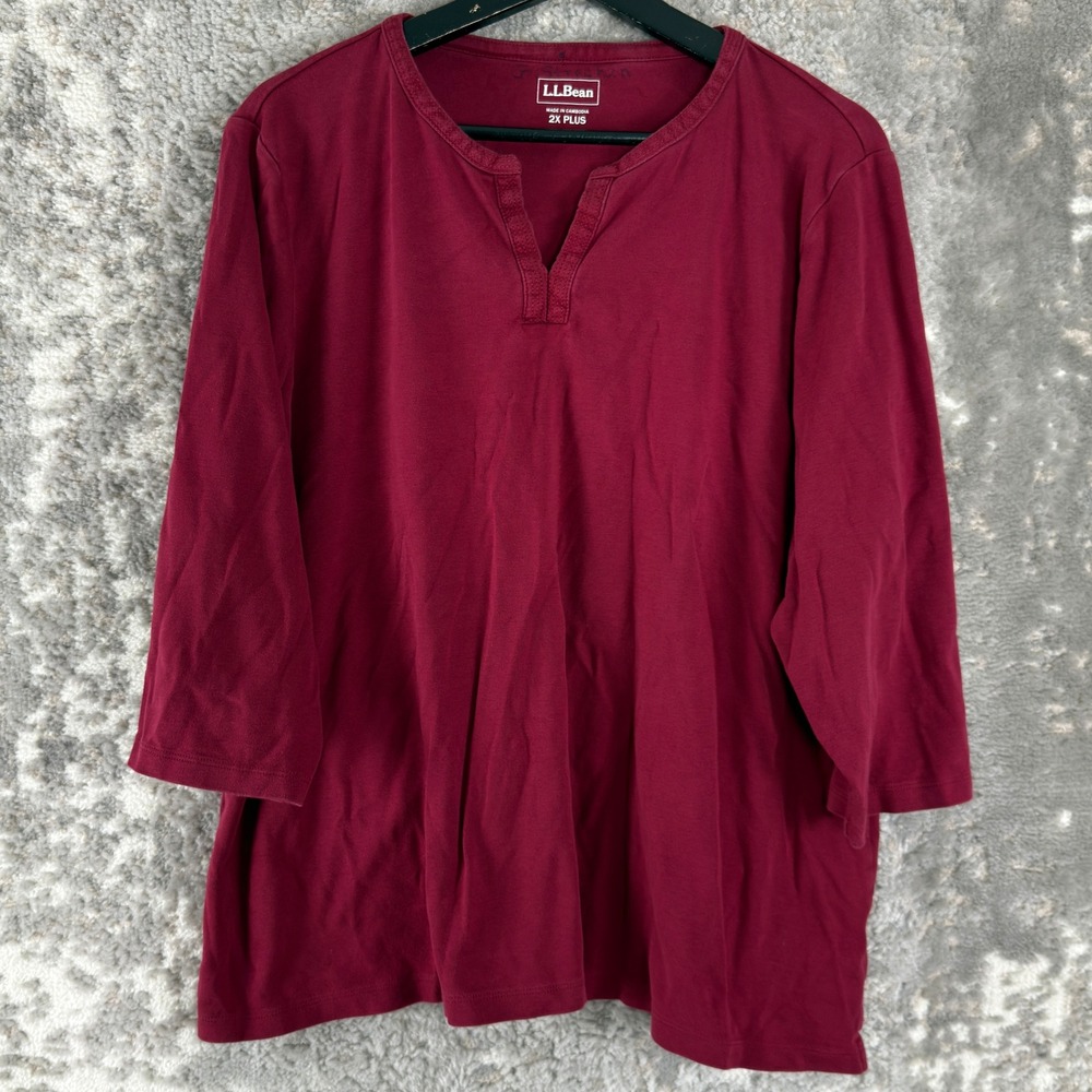 L.L.Bean Plus Size 2X Split Neck Cotton Knit T-Shirt Top Maroon 3/4 Sleeve Women